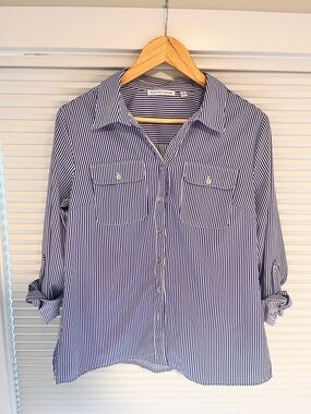 Notations Blue and White Vertical Stripe Shirt